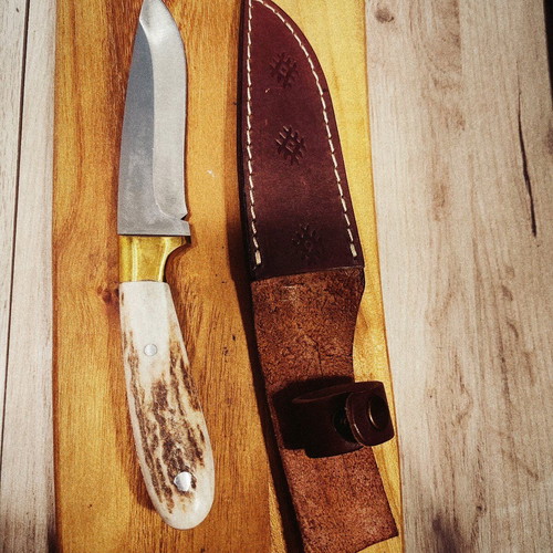 Hunting knife new, handmade with calf leather sheath and deer antler handle