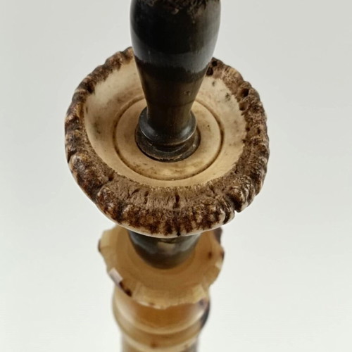 Antique handmade pipe used, horn, bronze and porcelain with deer motif