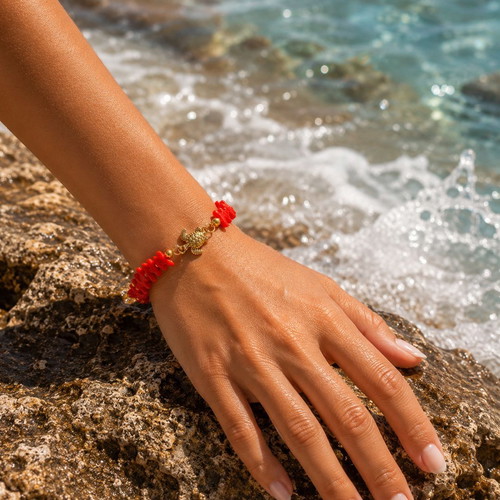 Handmade Bracelet with Semi-Precious Stones Coral and Hematite