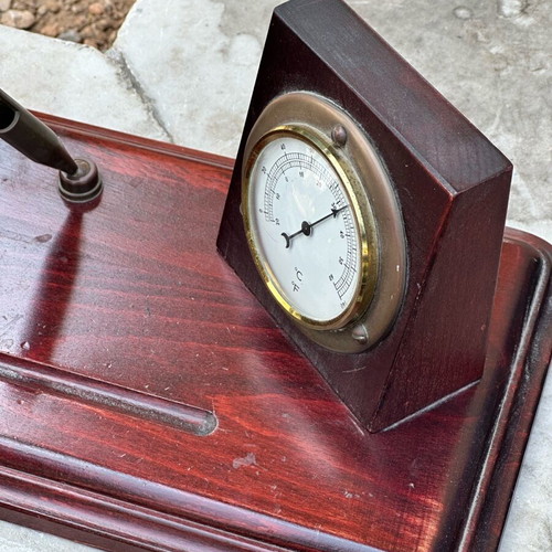 Decorative table clock and thermometer used, wooden base, nautical vintage design