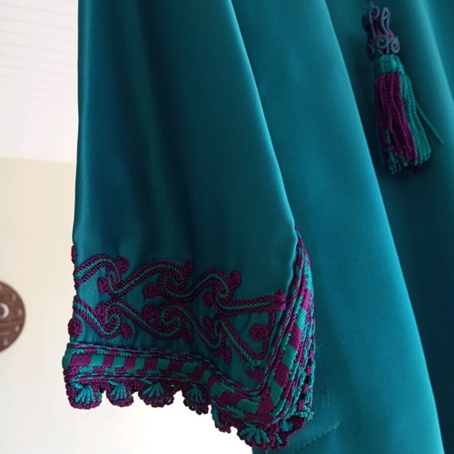 Caftan from Morocco satin silk petrol with purple embroidery and hood new XL