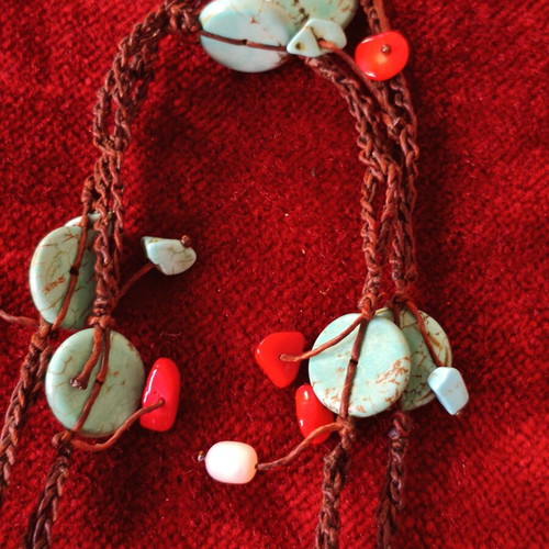 Handmade necklace with turquoise, coral and river pearls like new