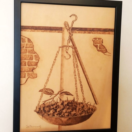 Woodburning painting Still life Scale with cherries new