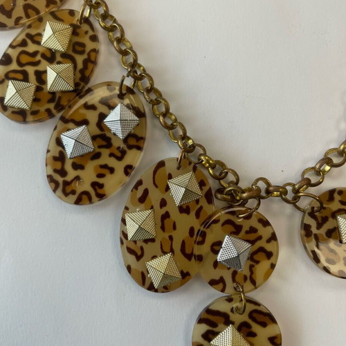 Studded Leopard Statement Necklace new, brown and gold