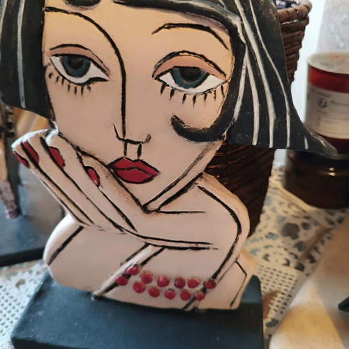 Handmade clay tabletop girl sculpture
