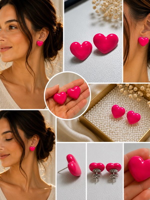 Hot Pink Earrings handmade heart-shaped polymer clay with steel fasteners