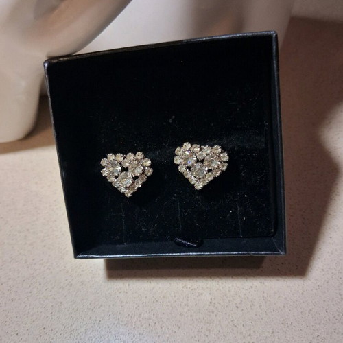 Vintage 90s Heart-Shaped Earrings with Rhinestones, Like New, Silver Color