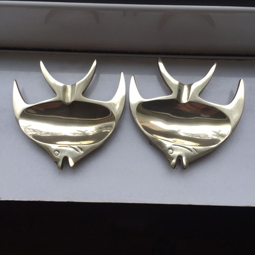 Brass decorative ashtrays used, vintage fish-shaped set