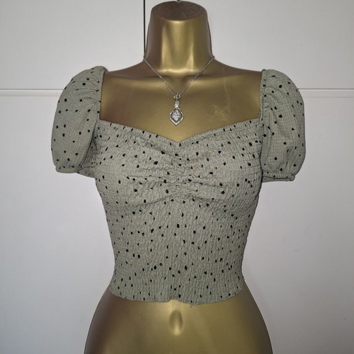 Stradivarius khaki green stretch crop polka dot top size medium