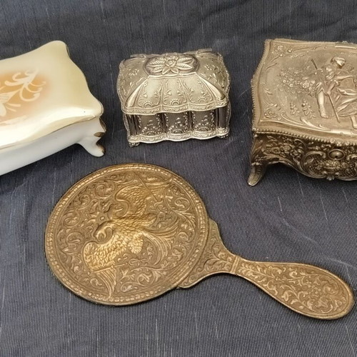 Vintage boudoir set of 4 used antique jewelry boxes and hand mirror