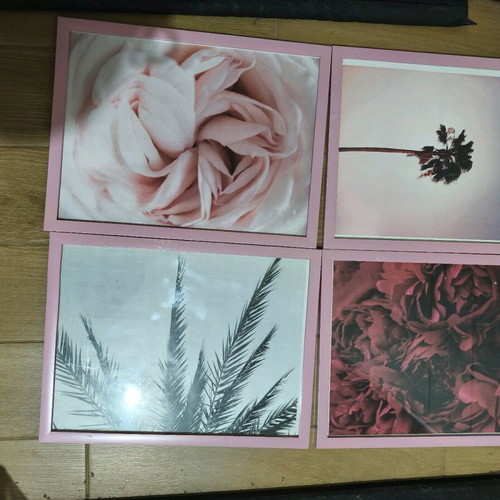 Frames set of 4 with posters and glass, wooden pink frame like new