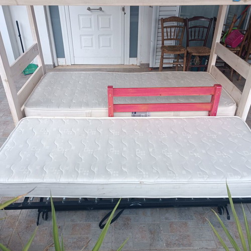Triple bunk bed for children and teens, pine wood, white and neutral colors