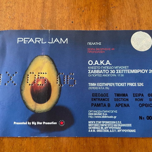 Pearl Jam 2006 concert ticket used from OAKA Greece