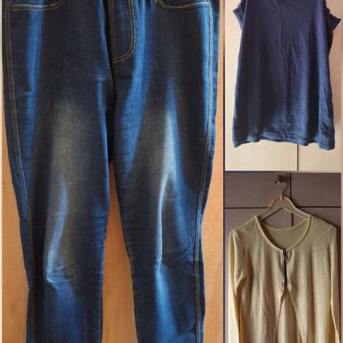Set medium jeans, ribbed sleeveless top, yellow cardigan