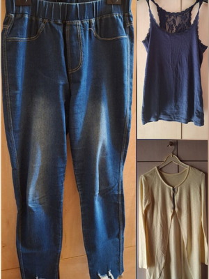 Set medium jeans, ribbed sleeveless top, yellow cardigan