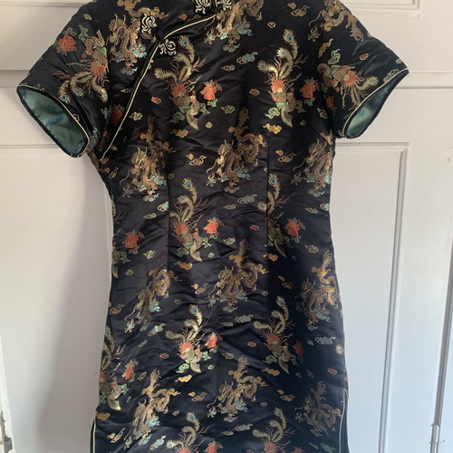 Cheongsam dress satin with embroidered dragon and phoenix, like new