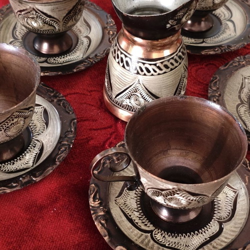 Vintage Oriental Coffee Set, Copper with Engraved Design