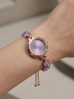 Rose Gold Women's Watch with Purple Dial and Crystal Flowers new