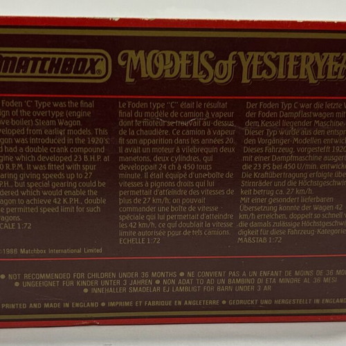 Matchbox 1986 Models of Yesteryear Y-27 1922 Foden Steam Wagon like new