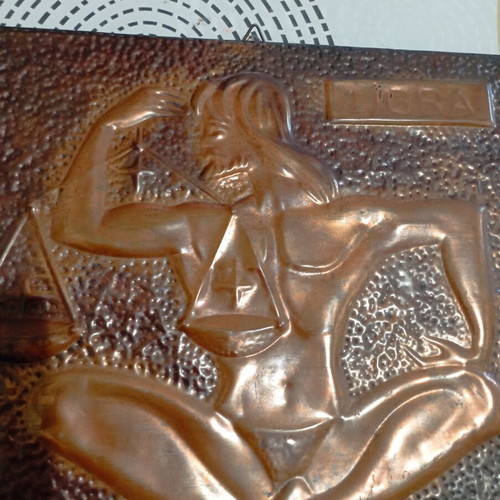 Vintage embossed brass plaque Libra zodiac used