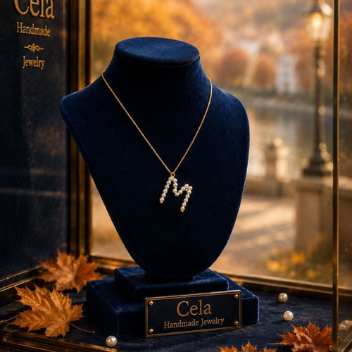 Pearl monogram necklace with stainless steel chain, letter M