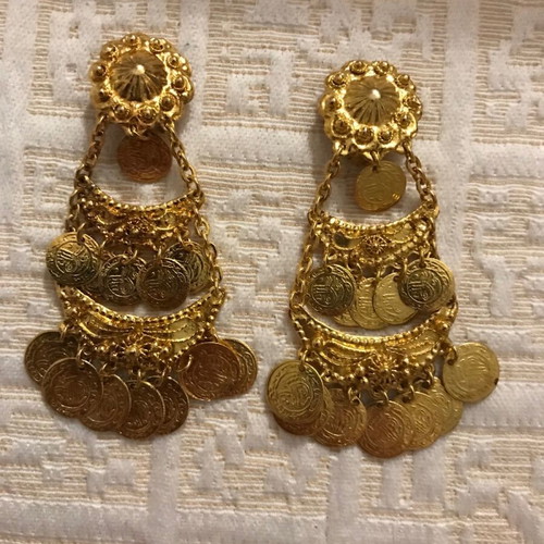 Faux gold earrings with clip Greek folk art like new