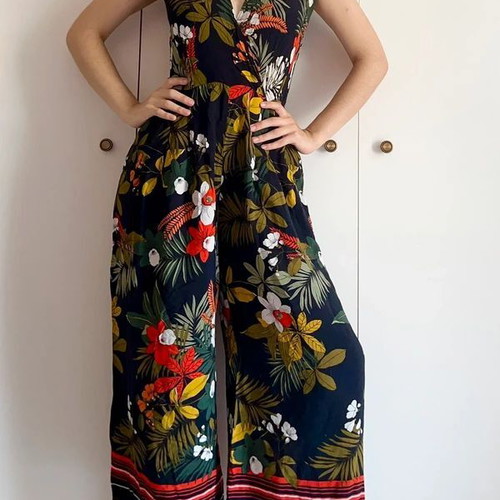 Zara colorful summer jumpsuit with tropical floral pattern, used, size S