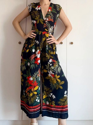 Zara colorful summer jumpsuit with tropical floral pattern, used, size S