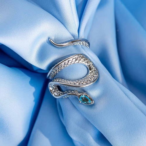 Silver S925 Snake Ring with Blue Stone, Adjustable