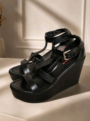 Prada women's platform sandals like new, black leather, size 38.5-39