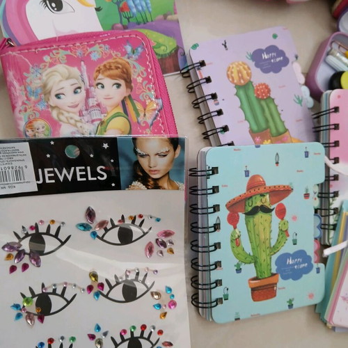 School supplies used, pencil cases, erasers, paints, notebooks, pencils