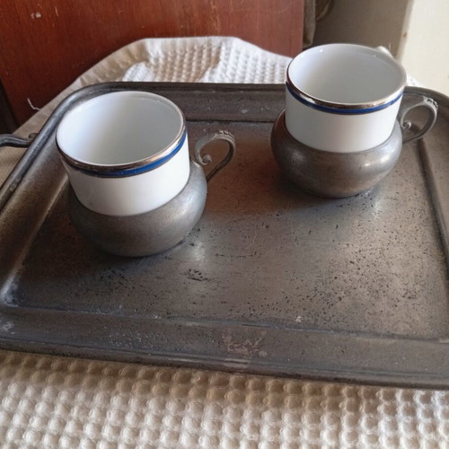 Vintage pewter serving tray with two Italian porcelain cups