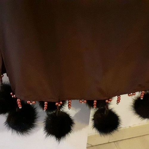 Satin scarf used with 8 fur pompons brown