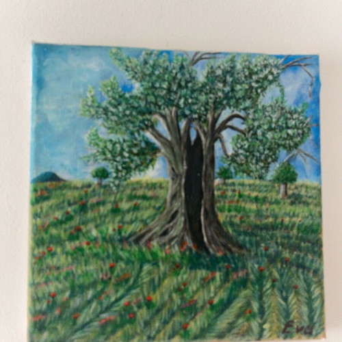 Olive Tree in the Meadow Small Acrylic Painting New 20x20