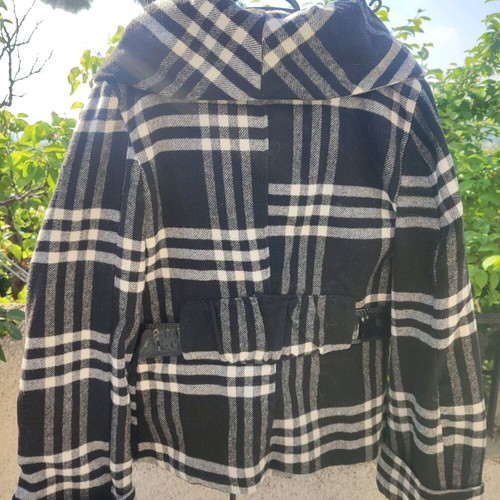Actuel checked short coat unused with patent belt one size black white