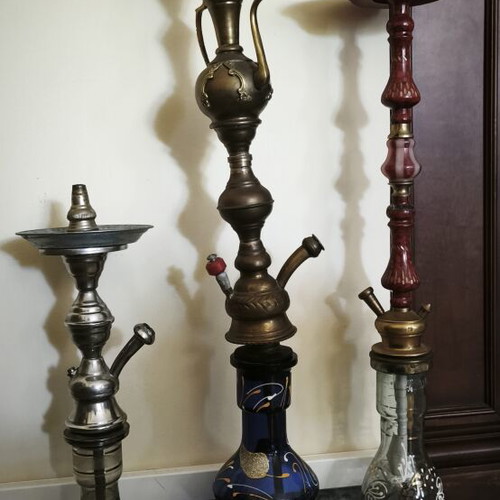 Vintage hookahs, set of three, various sizes and materials