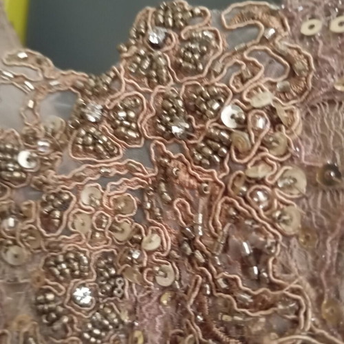 Handmade silk blouse with beads and sequins, S/M, beige, made in France