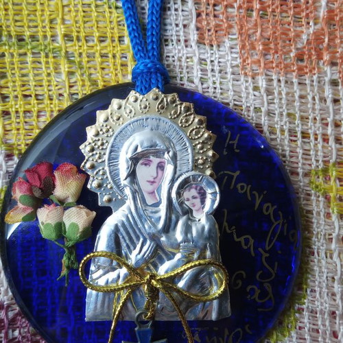 Glass Tinos Virgin Mary good luck charm