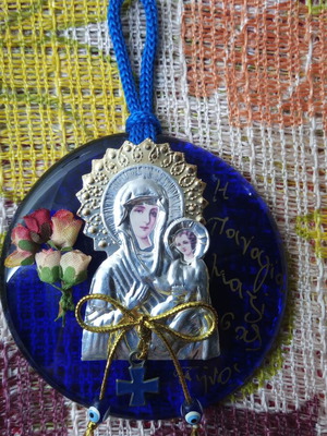 Glass Tinos Virgin Mary good luck charm