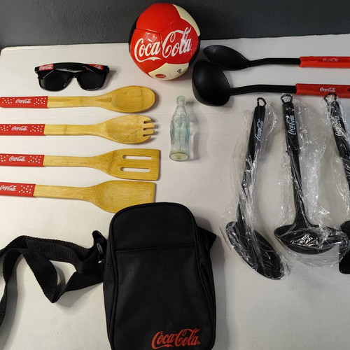 Coca Cola promotional set used with bag, kitchen tools, sunglasses, ball