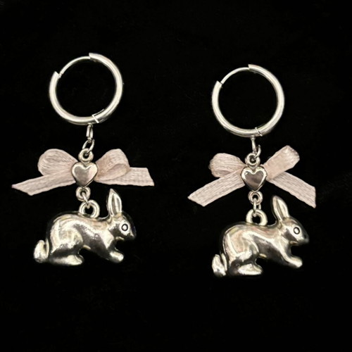 Handmade earrings with bunny and bows, new, pink and silver