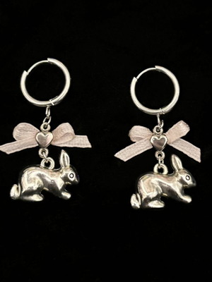 Handmade earrings with bunny and bows, new, pink and silver
