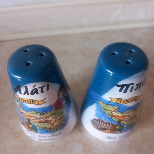 Salt and pepper shakers used, souvenir from Tinos