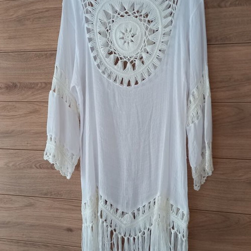Beach dress linen with crochet embroidery, new, white, size XL