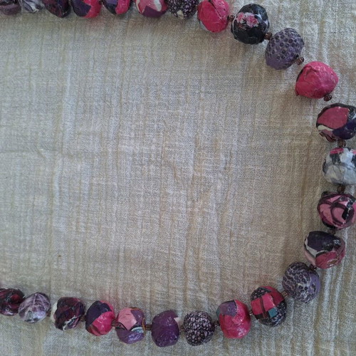Long handmade bow tie necklace in purple and pink