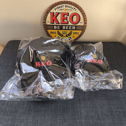 KEO Beer Promotional Set with Cap, Beanie and Retro Wall Sign