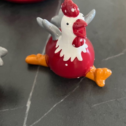 Ceramic Easter butter dish and salt pepper set new with red and white hens