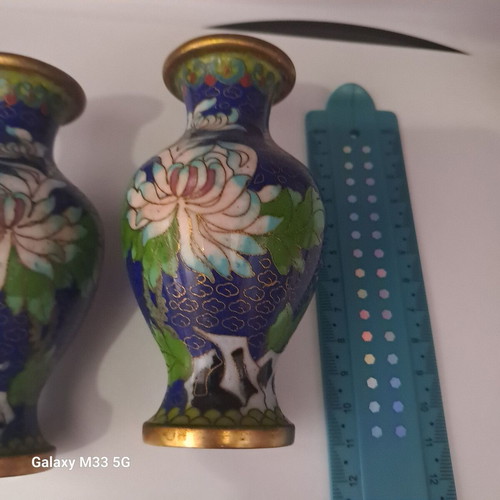 Pair of vintage cloisonné vases with floral design