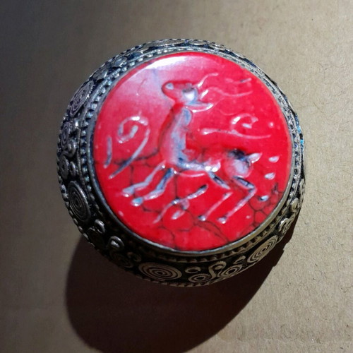 Alpaca Afghan ring vintage seal stone like new with coral