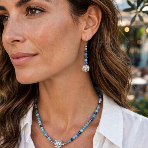 Handmade blue crystal beaded jewelry set, elegant necklace and earrings